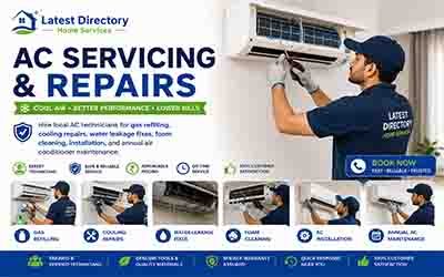 AC technician performing air conditioner servicing and repair